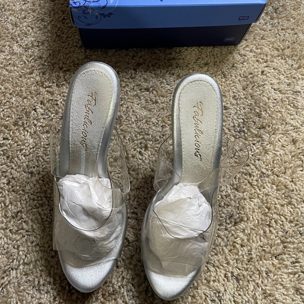 Fabulicious High Heel Stiletto Shoes Two Band Platform Mule Sandal Clear